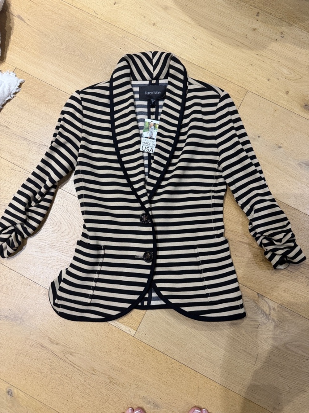 Karen Kane Black & Cream Striped Shawl Collar Blazer